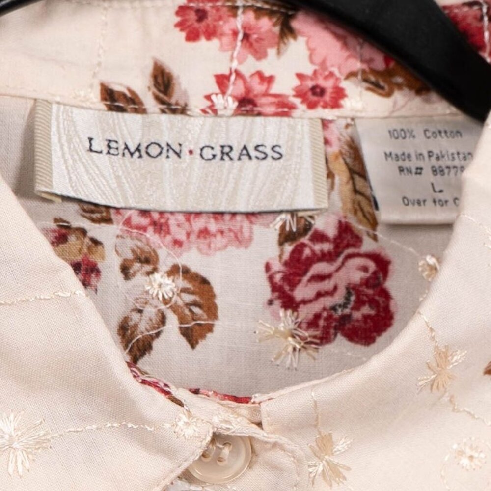 Lemon Grass VTG Button Up Shirt L Womens Floral Embroidered Cream 100% Cotton - Picture 4 of 5